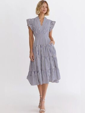 Striped Flutter-Sleeve Midi Dress in Blue and White